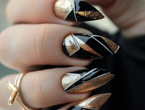 Cute Nail Designs Black and Gold Stiletto Nails