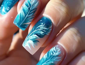 Cute Nail Designs Teal and Blue Feather Nails