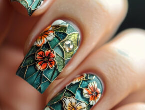 Cute Nail Designs Teal and Floral Mosaic Nails