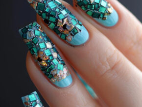 Cute Nail Designs Teal and Silver Mosaic Nails