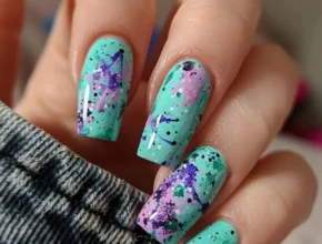 Floral Teal Nails with Purple Accents Summer Teal Nails Ideas and Design