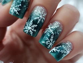 Simple Nail Designs Teal and Silver Glitter Snowflake Nails