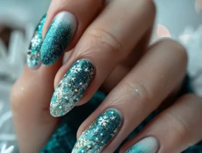 Simple Nail Designs Teal and Silver Snowflake Nails