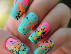 Summer Nail Designs Neon Teal and Pink Confetti Nails