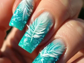 Summer Nail Designs Teal Nails with White Feather Designs