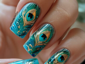 Summer Nail Designs Teal and Gold Floral Nails