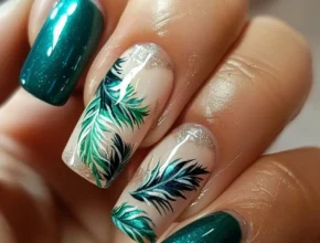 Summer Nail Designs Teal and Green Feather Nails