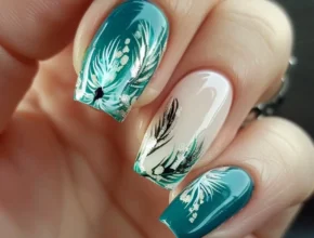 Summer Nail Designs Teal and White Feather Nails with Gold Accents