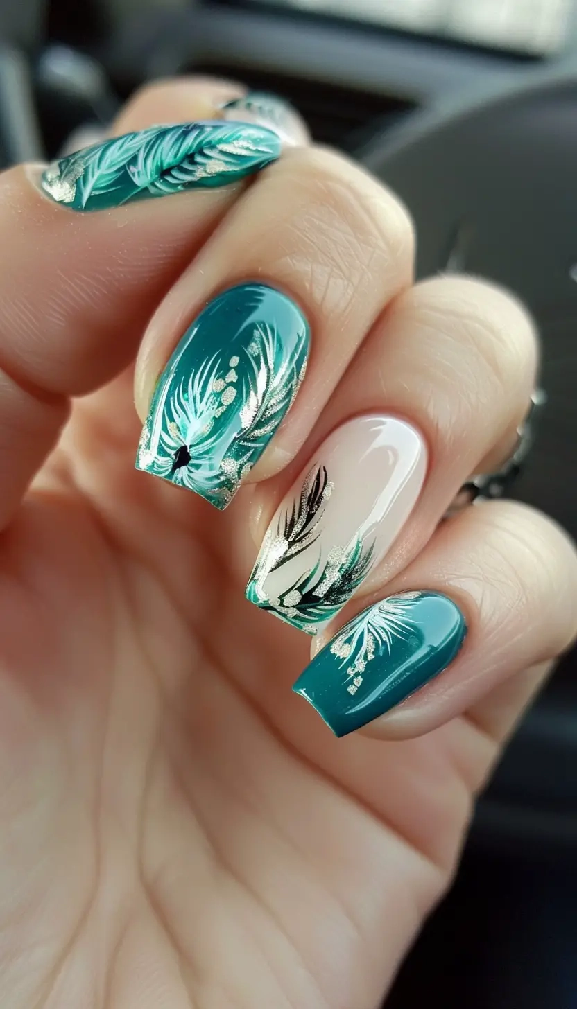 Summer Nail Designs Teal and White Feather Nails with Gold Accents