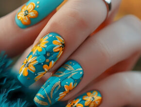 Summer Nail Designs Teal and Yellow Sunflower Nails