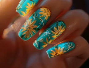 Summer Teal Nails Ideas and Design About Teal and Orange Floral Nails