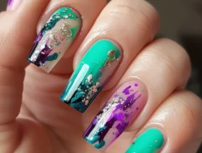 Teal and Purple Splatter Nails Summer Teal Nails Ideas and Design