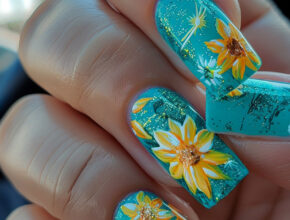 Teal and Yellow Floral Nails Summer Teal Nails Ideas and Design